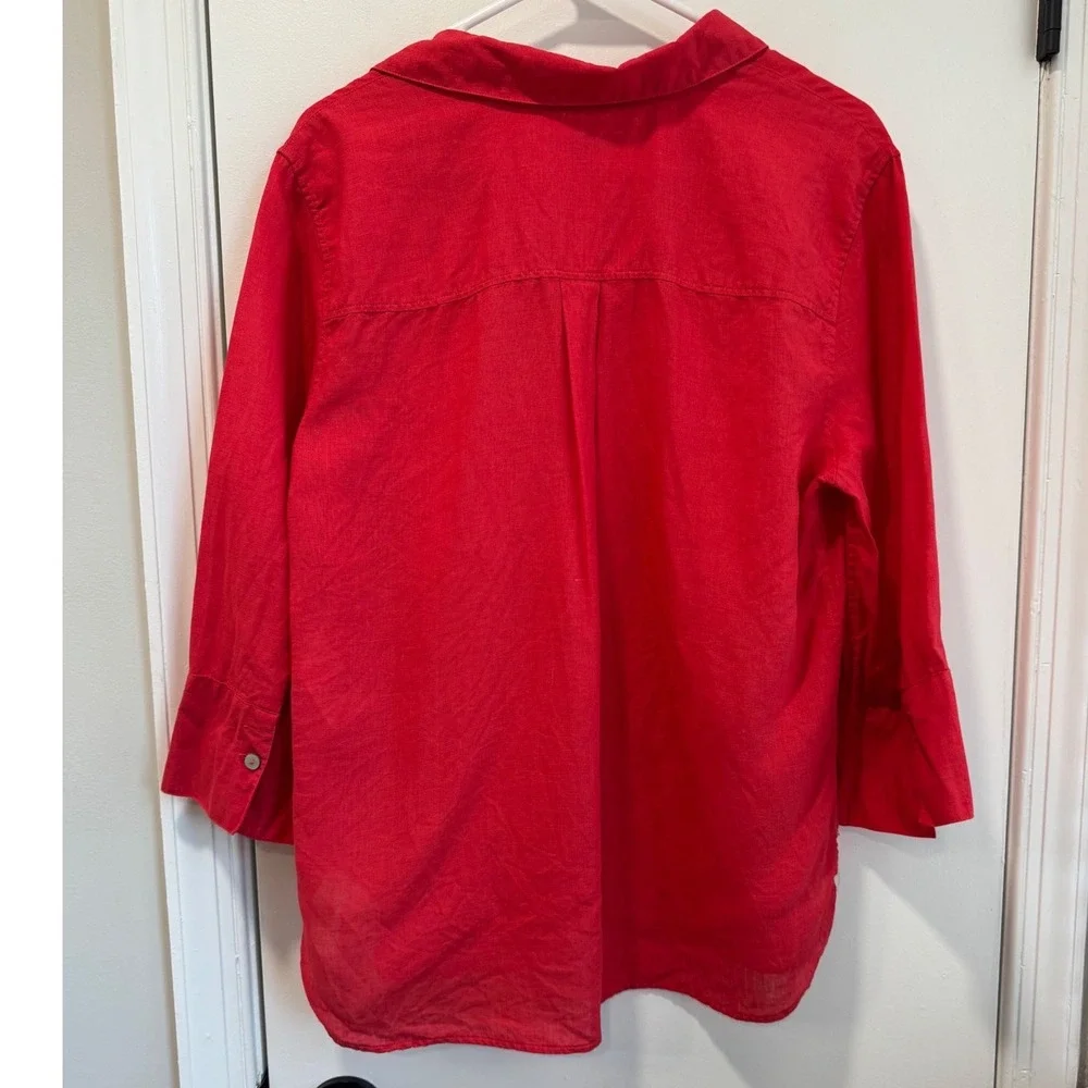 Chicos Red 100% Linen Button‎ Down Shirt 3/4 Sleeve Size 2 US 12 Top